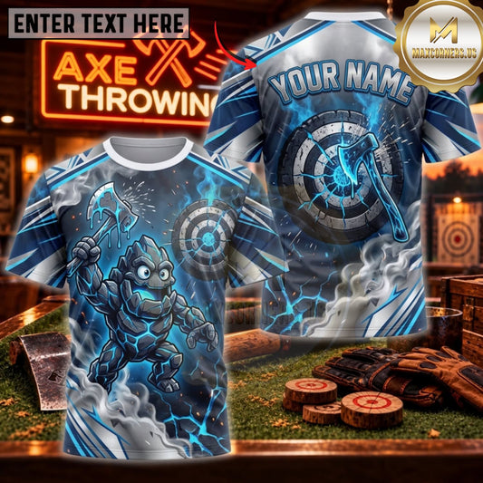 Maxcorners Axe Throwing Frozen Blue Skull Warrior Personalized Name 3D Unisex Shirt