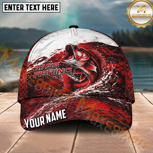 Maxcorners Fishing Red White Scale Brush Splash Personalized Name 3D Cap (12 Fish Species)