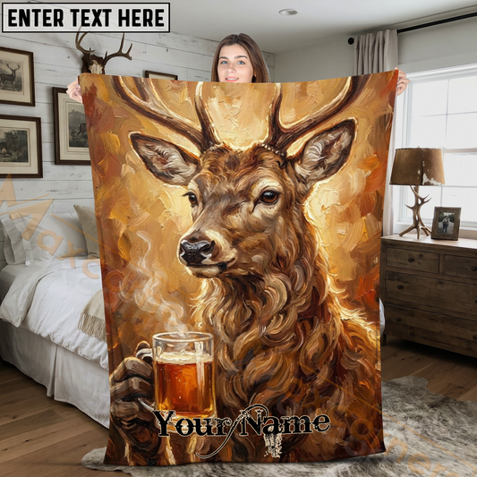 Maxcorners Artistic Deer Drinking Beer Oil Painting Personalized 3D Blanket