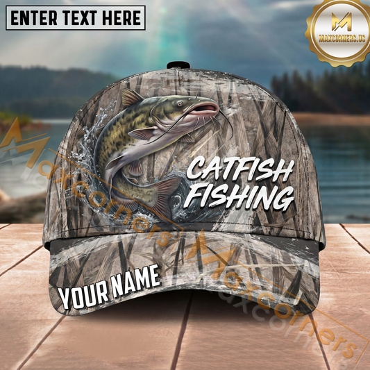 Maxcorners Fishing Gray Reed Camo Water Splash Personalized Name 3D Cap (12 Fish Species)
