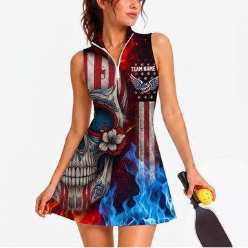 Maxcorners Pickleball Sleeveless Zipper Sports Dress Set American Warrior Helmet Flames Personalized Name 3D Sleeveless Zipper Sports Dress Set