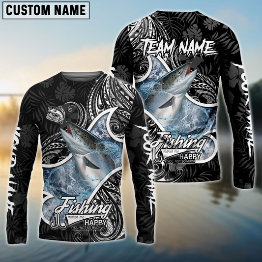 Maxcorners Striped Bass Fishing Black White Maori Personalized Name, Team Name 3D Long Sleeve Shirt