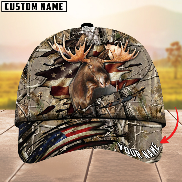 Maxcorners Moose Hunting USA Flag Crack Camouflage Pattern Multicolor Personalized Name 3D Cap