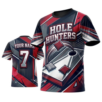 Maxcorners Cornhole Hole Hunters Red Gray Board Personalized Name 3D Unisex Shirt