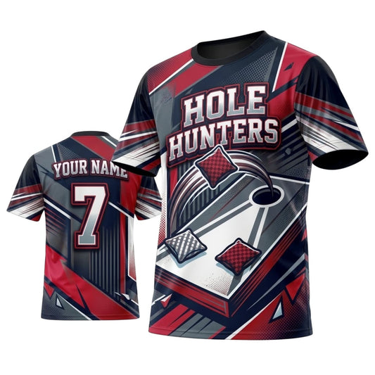 Maxcorners Cornhole Hole Hunters Red Gray Board Personalized Name 3D Unisex Shirt