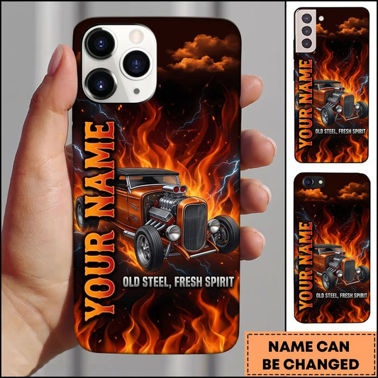Maxcorners Hot Rod Black Vintage Car with Vertical Orange Flames and Custom Name Personalized Name 3D Phone Case