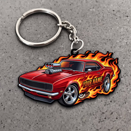 Maxcorners Classic Muscle Car Red Racing Coupe with Explosive Orange Flames Personalized Name 3D Keychain And Ornament
