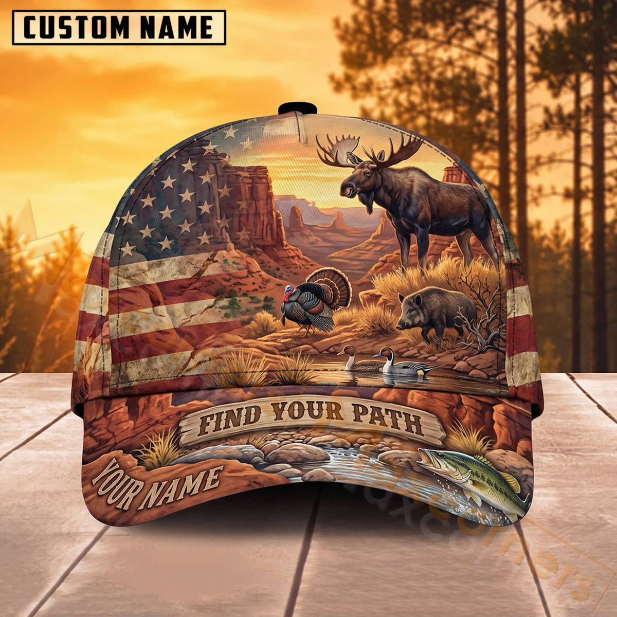 Maxcorners Wildlife Hunting American Flag Find Your Path Personalized Name 3D Cap