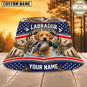 Maxcorners Labrador Waterfowl Hunting Flag Ribbon Personalized Name 3D Bucket Hat