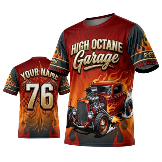 Maxcorners Personalized Car Classic Muscle Car 3D T-Shirt – High Octane Garage Red Orange Vintage Hot Rod