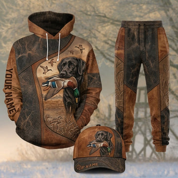 Maxcorners Duck Hunting Black Labrador Rustic Brown Leather Personalized 3D Shirts