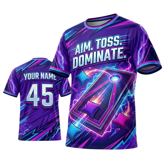 Maxcorners Cornhole Aim Toss Dominate Neon Purple Personalized Name 3D Unisex Shirt