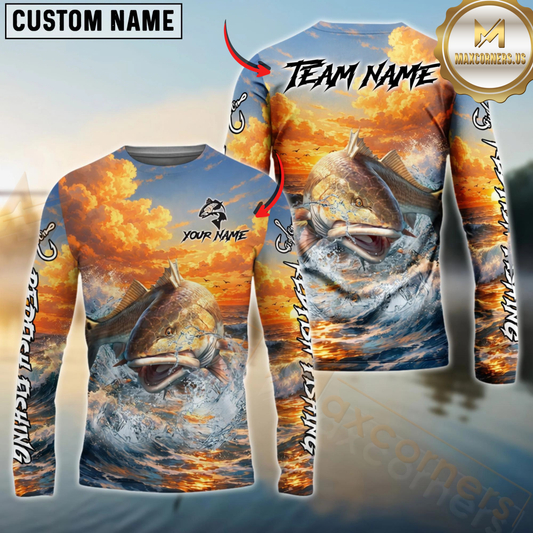 Maxcorners Fishing Ocean Sunset Wave Custom Name & Team Name 3D Shirts