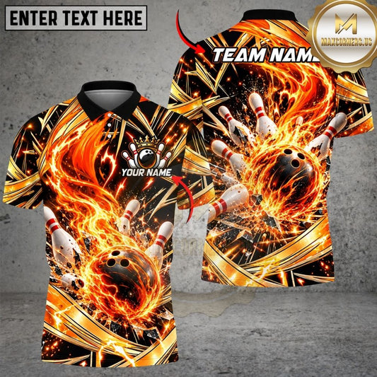 Maxcorners Bowling Swirling Fire Explosion Dynamic Motion Pins Strike Artwork Multicolor Customized Name, Team Name 3D Shirts