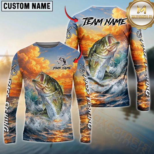 Maxcorners Fishing Ocean Sunset Wave Custom Name & Team Name 3D Shirts