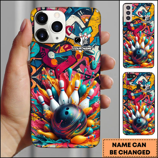 Maxcorners Bowling Color Splash Strike Pins Multicolor Personalized Name 3D Phone Case