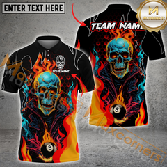 Maxcorners Billiard Skull Ball 8 Fire Flame Multicolor Options Personalized Name, Team Name 3D Polo Shirt