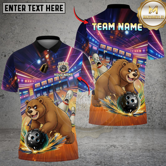 Maxcorners Bowling And Pins Funny Cute Bear Strike Customized Name, Team Name 3D Shirt
