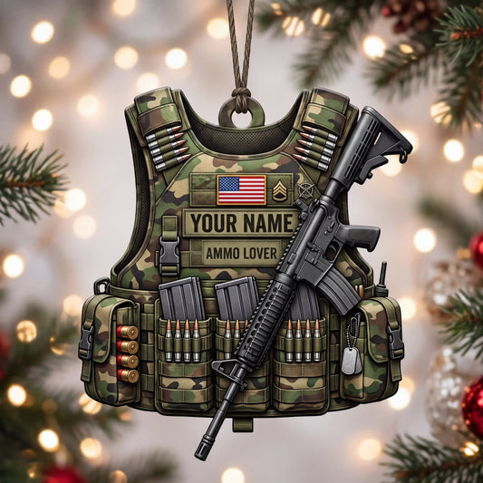 Maxcorners Military Woodland Camo Tactical Vest And Rifle Personalized Name 3D Keychain And Ornament
