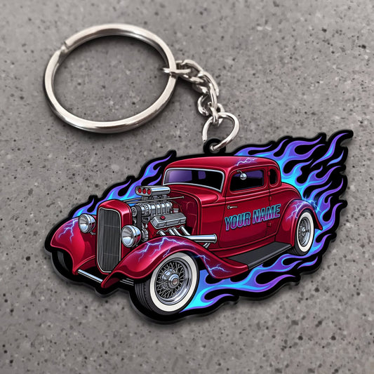 Maxcorners Hot Rod Red Vintage Roadster with Blue Neon Flames Personalized Name 3D Keychain And Ornament