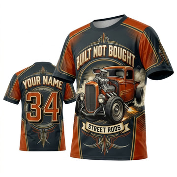 Maxcorners Personalized Car Classic Muscle Car 3D T-Shirt – Built Not Bought Grey Orange Classic Street Rod