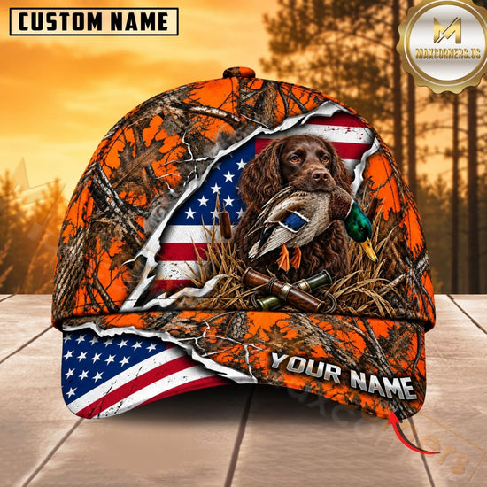 Maxcorners Dog Hunting And Duck Orange Woodland Camo American Flag Personalized Name 3D Cap