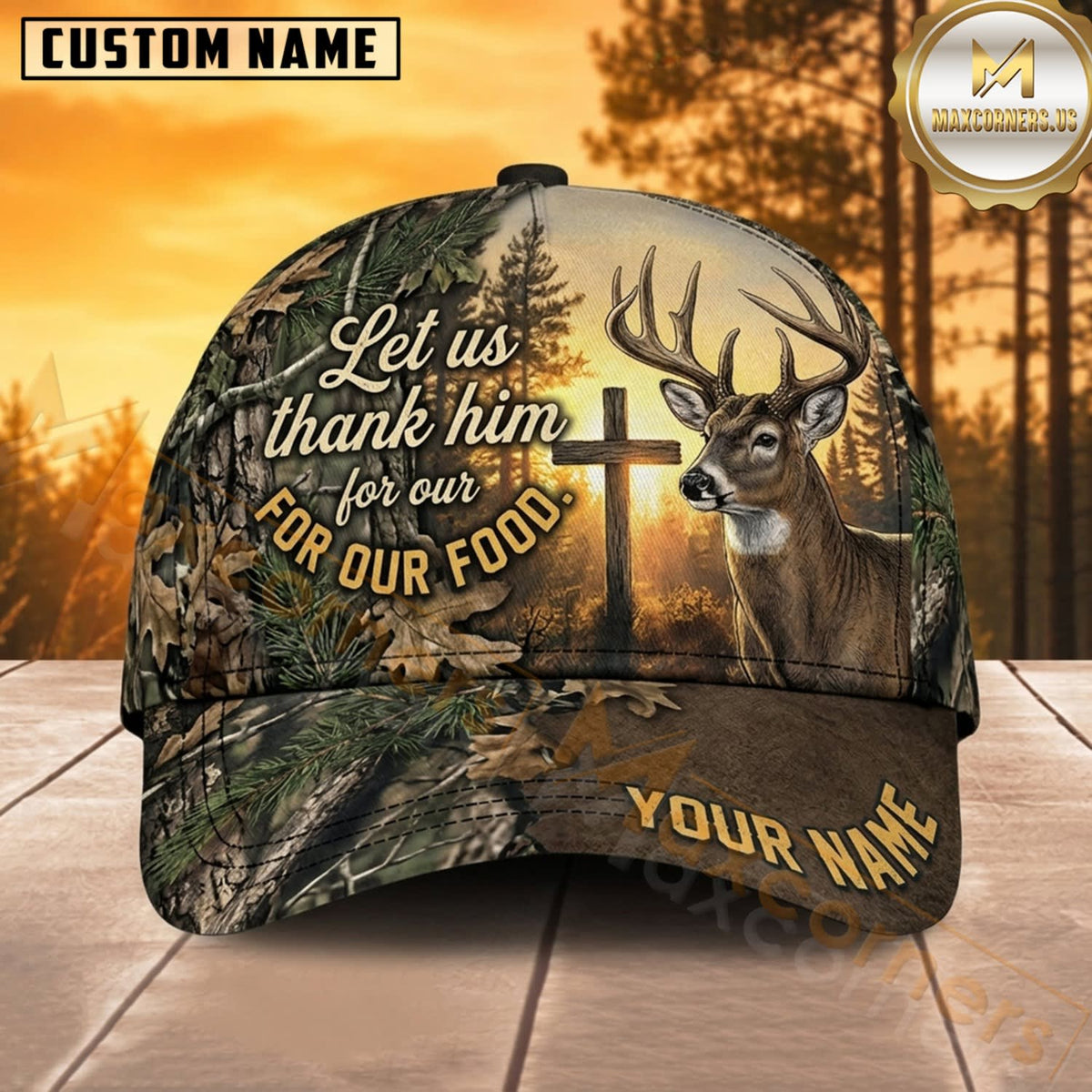 Maxcorners Deer Hunting Whitetail Buck Let Us Thank Him for Our Food Bold Faith Statement Camo Customized Name 3D Cap