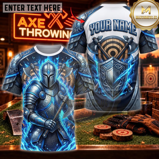 Maxcorners Axe Throwing Electric Blue Armored Warrior Personalized Name 3D Unisex Shirt