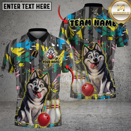 Maxcorners Bowling And Pins Funny Cute Husky Customized Name, Team Name 3D Shirt (4 Colors)