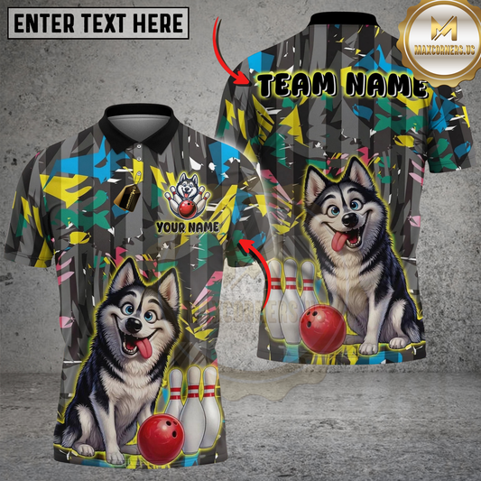 Maxcorners Bowling And Pins Funny Cute Husky Customized Name, Team Name 3D Shirt (4 Colors)