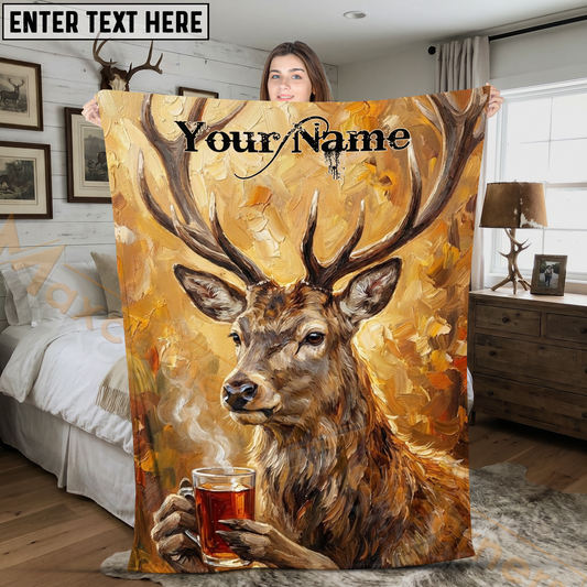 Maxcorners Cozy Oil Painting Stag Drinking Hot Tea Personalized 3D Blanket