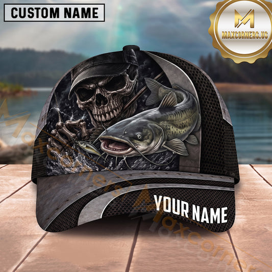 Maxcorners Fishing Dark Skull Angler with Dramatic Fishing Rod and Mysterious Scene Personalized Name 3D Cap (13 Fish Species)