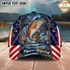 Maxcorners Fishing American Flag Metal Chain Personalized Name 3D Cap (12 Fish Species)