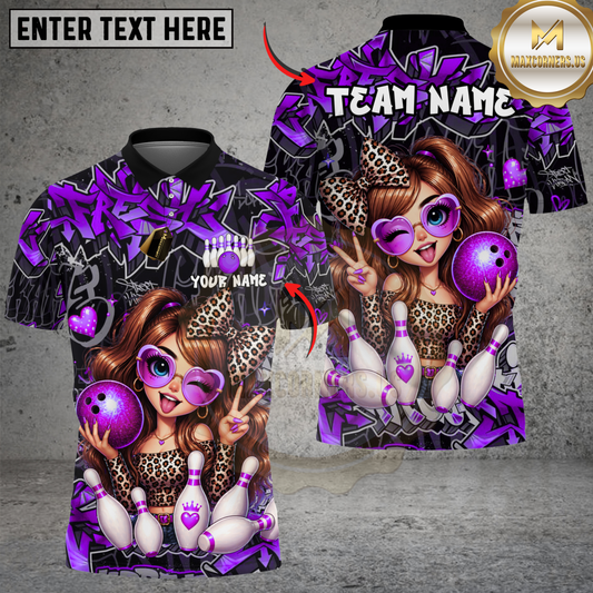 Maxcorners Bowling Leopard Girl Pink Ball Strike Graffiti Style Multicolor Customized Name, Team Name 3D Shirt