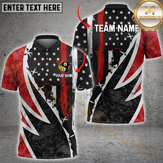 Maxcorners Billiard Skull US Flag Multicolor Customized Name, Team Name 3D Polo Shirt