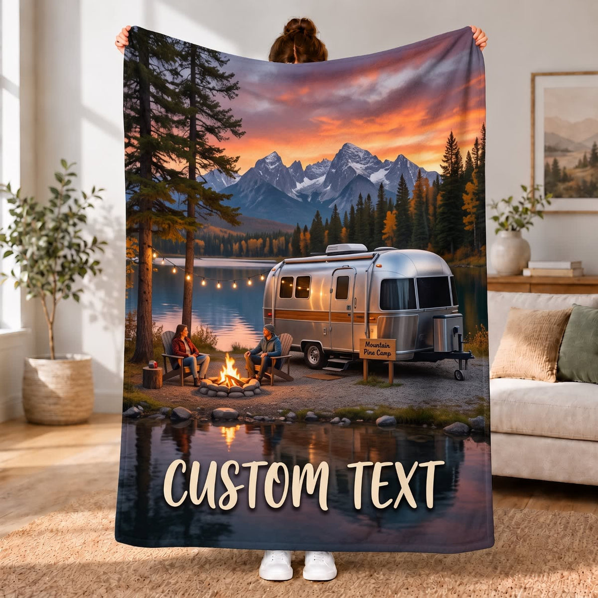 Maxcorners RVs Travel Trailer Lakeside Sunset Campfire Custom Name 3D Blanket
