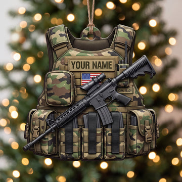 Maxcorners Military Green Tactical Vest And Rifle Personalized Name 3D Keychain And Ornament