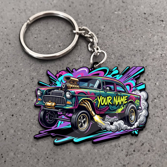 Maxcorners Hot Rod Colorful Vintage Pickup Truck with Neon Flames and White Tire Smoke Personalized Name 3D Keychain And Ornament
