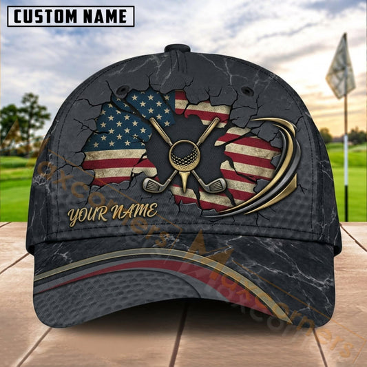 Maxcorners Golf USA Cracked Flag Crossed Clubs Personalized Name 3D Cap
