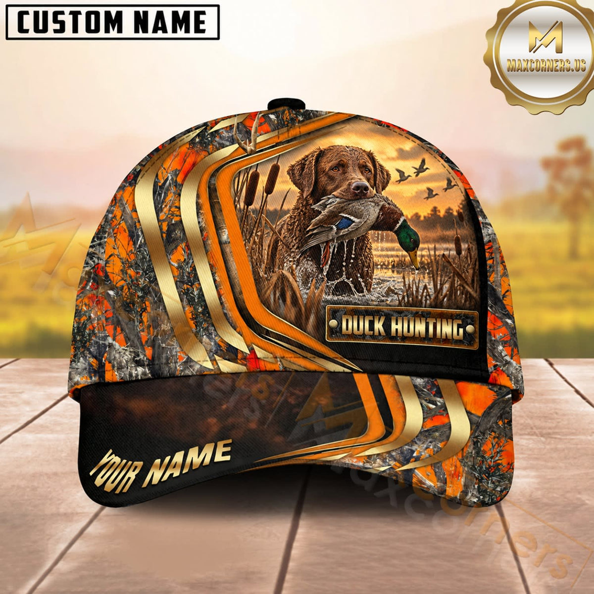 Maxcorners Dog Hunting And Duck Orange Camo Curved Stripe Marsh Scene Multiple Options Personalized Name 3D Cap