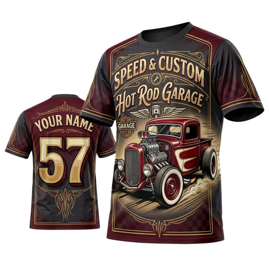 Maxcorners Personalized Car Classic Muscle Car 3D T-Shirt – Speed Custom Burgundy Vintage Hot Rod Garage