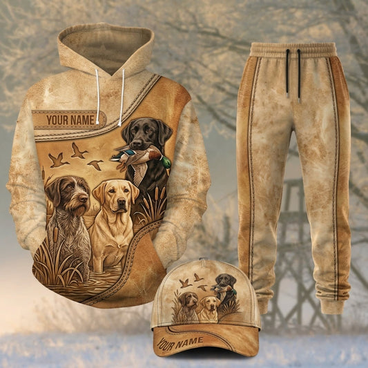 Maxcorners Duck Hunting Golden Retriever Rustic Beige Leather Personalized 3D Shirts