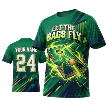 Maxcorners Cornhole Let The Bags Fly Green Lightning Personalized Name 3D Unisex Shirt