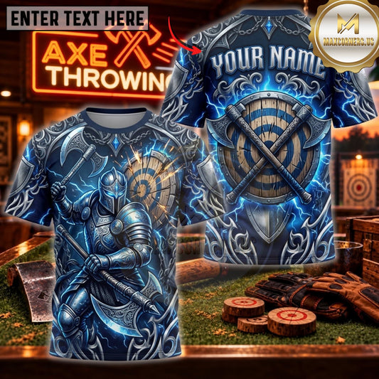 Maxcorners Axe Throwing Frost Blue Hooded Warrior Personalized Name 3D Unisex Shirt