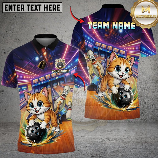 Maxcorners Bowling And Pins Funny Cute Cat Strike Customized Name, Team Name 3D Shirt