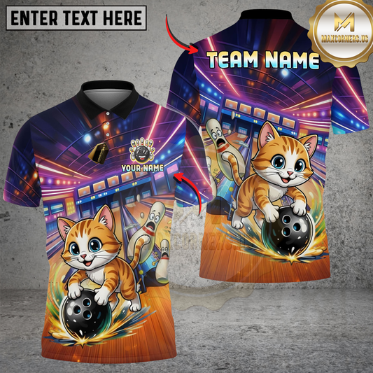 Maxcorners Bowling And Pins Funny Cute Cat Strike Customized Name, Team Name 3D Shirt