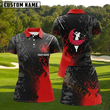 Maxcorners Black Red Grunge Lady Golfer Personalized Name 3D Golf Shirt and Golf Skirt