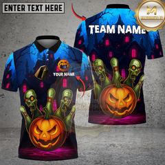 Maxcorners Bowling And Pins Halloween Pumpkin Zombie Pins Customized Name, Team Name 3D Shirt (4 Colors)