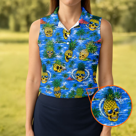 Maxcorners Pineapple Skull Island Ocean Hawaiian Golf Shirt, Hawaiian Golf Shirt, Golf Tops For Women LM1507