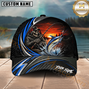 Maxcorners Fishing Skull Angler Blue Wave Personalized 3D Cap